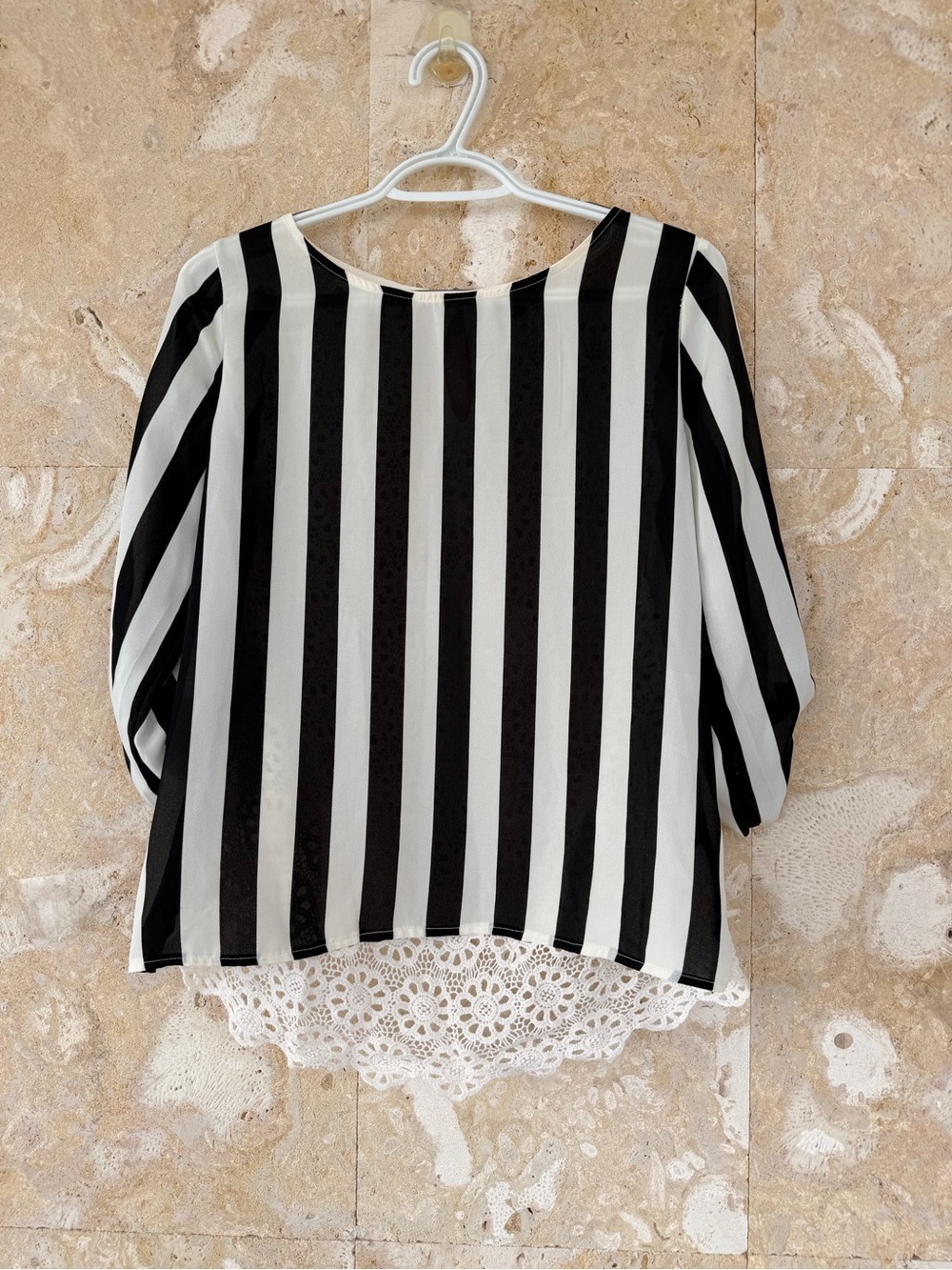 Monteau Black and White Vertical Stripe Lace-Hem Blouse